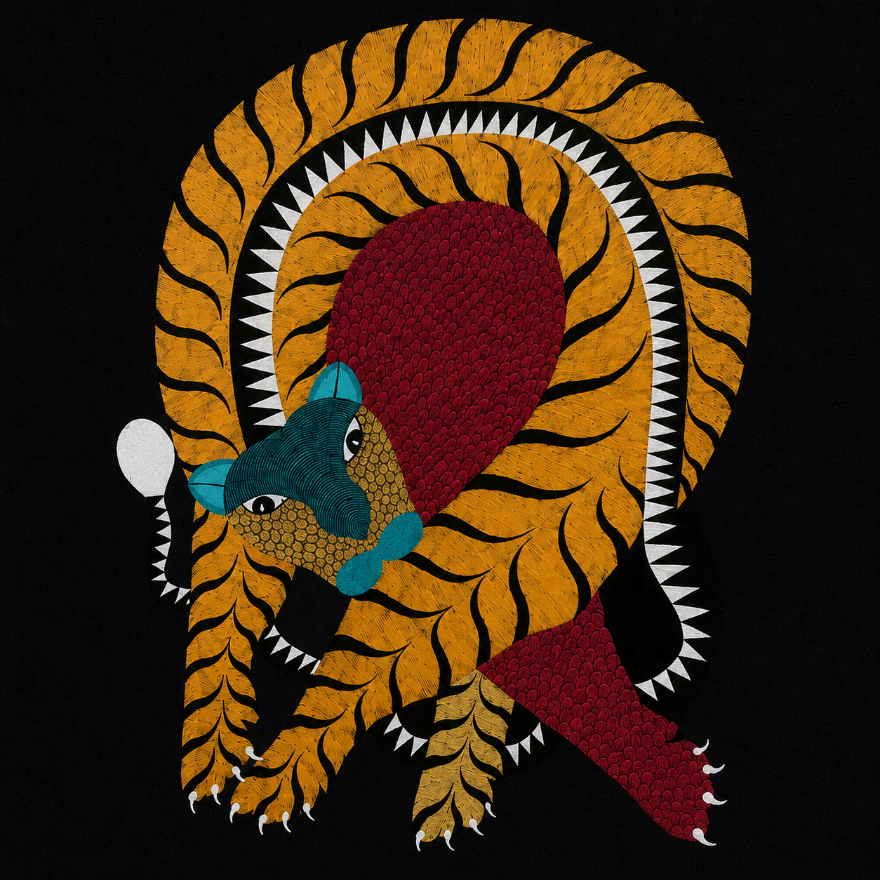 Curled Tiger — Hand Painted Gond Art from Madhya Pradesh