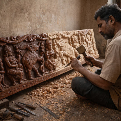 Gajalakshmi Threshold Panel  Rosewood Tone - Hand Carved in Poola Wood from Madhavamala, Andhra Pradesh