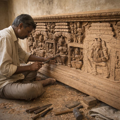 Man working on a large wooden sculpture with intricate carvings.
