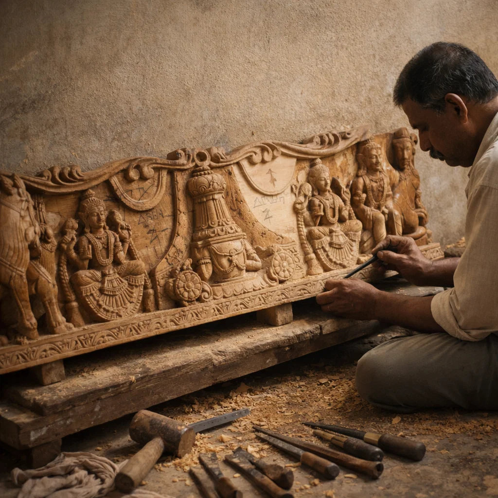 Vaikuntha Frieze - Hand Carved in Poola Wood from Madhavamala, Andhra Pradesh