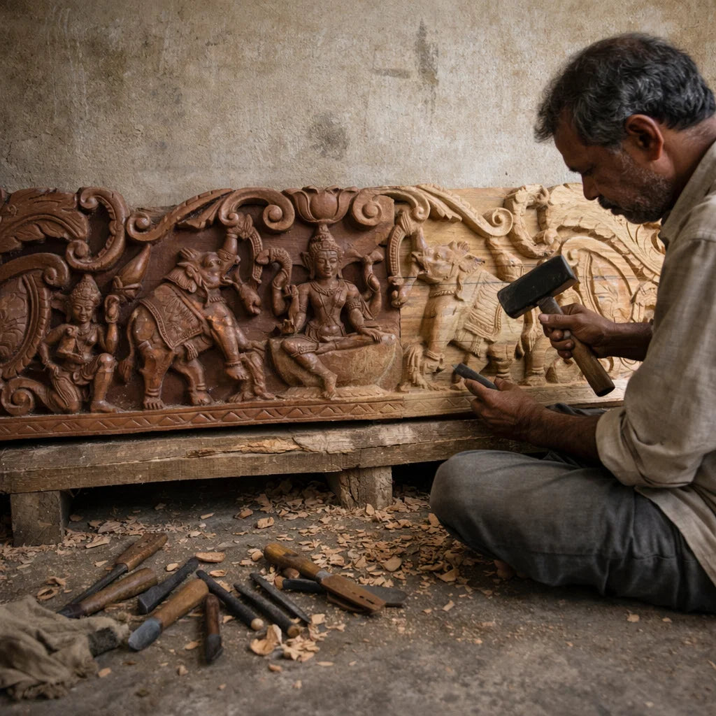 Gaja Lakshmi Crest - Hand Carved in Poola Wood from Madhavamala, Andhra Pradesh