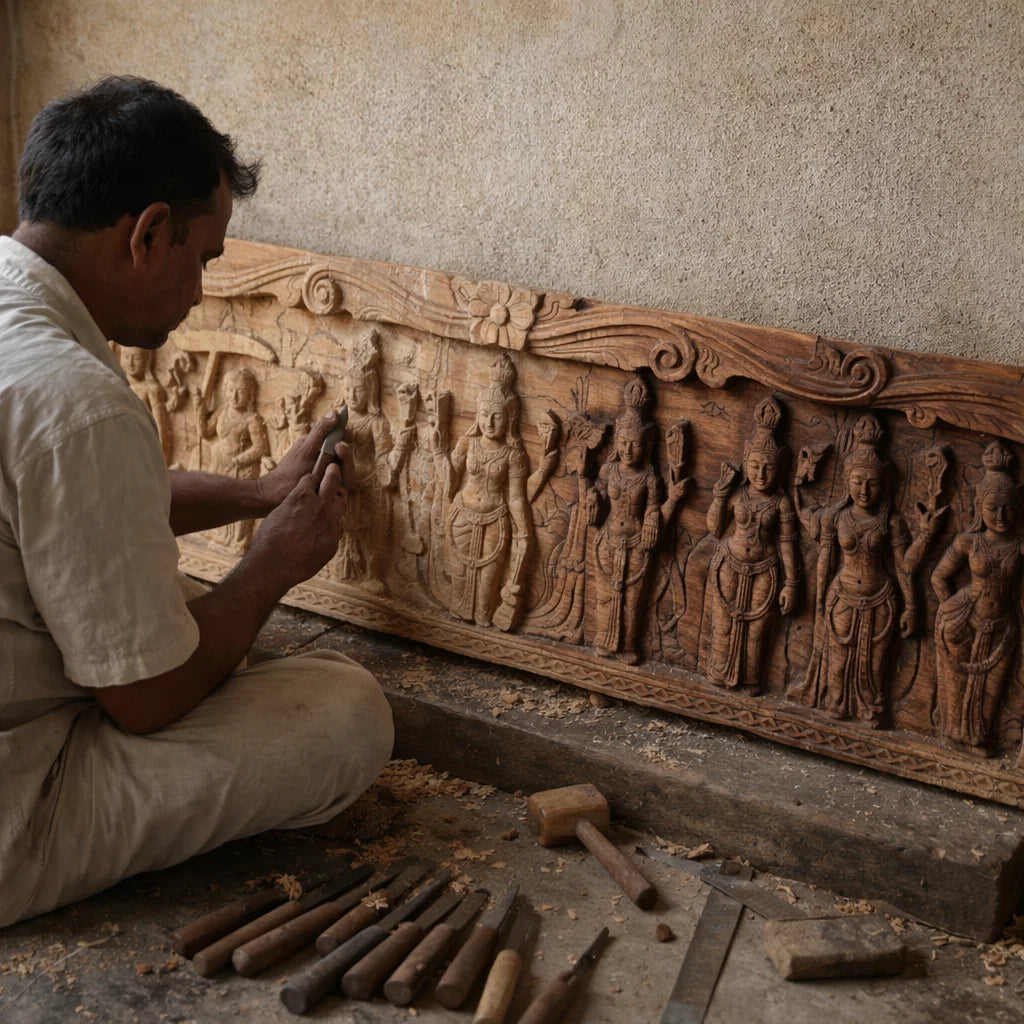 Vaikuntha Assembly Lintel - Hand Carved in Poola Wood from Madhavamala, Andhra Pradesh