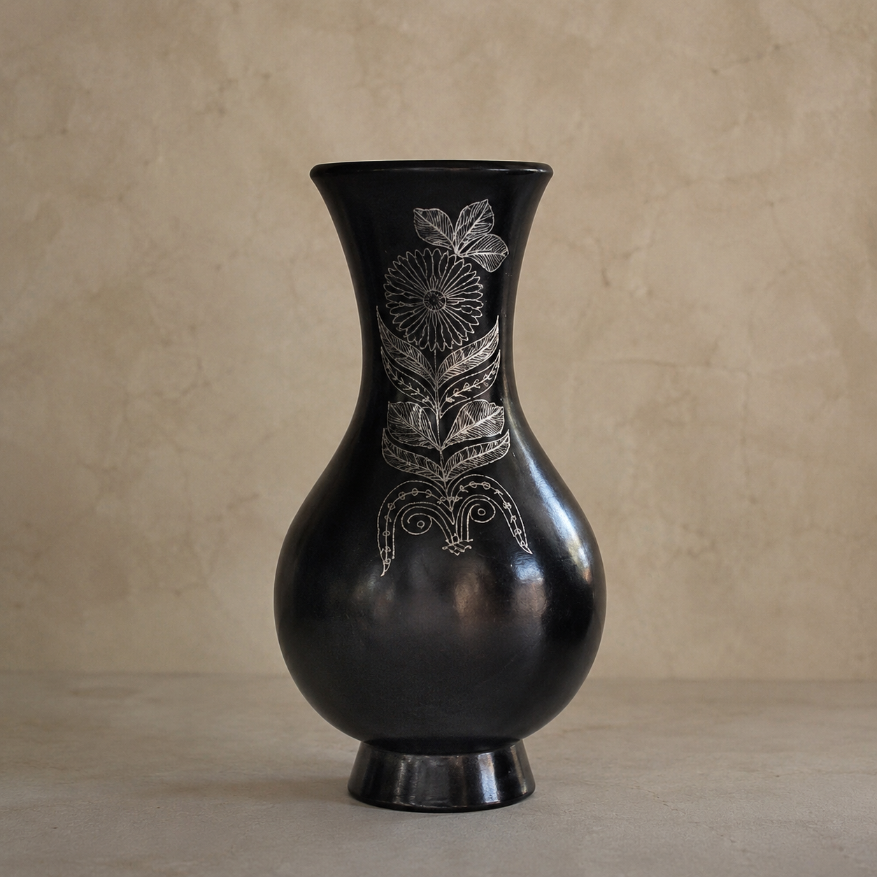 Fern Whisper | Flower Vase, Silver Inlay, Black Pottery | Nizamabad, Azamgarh