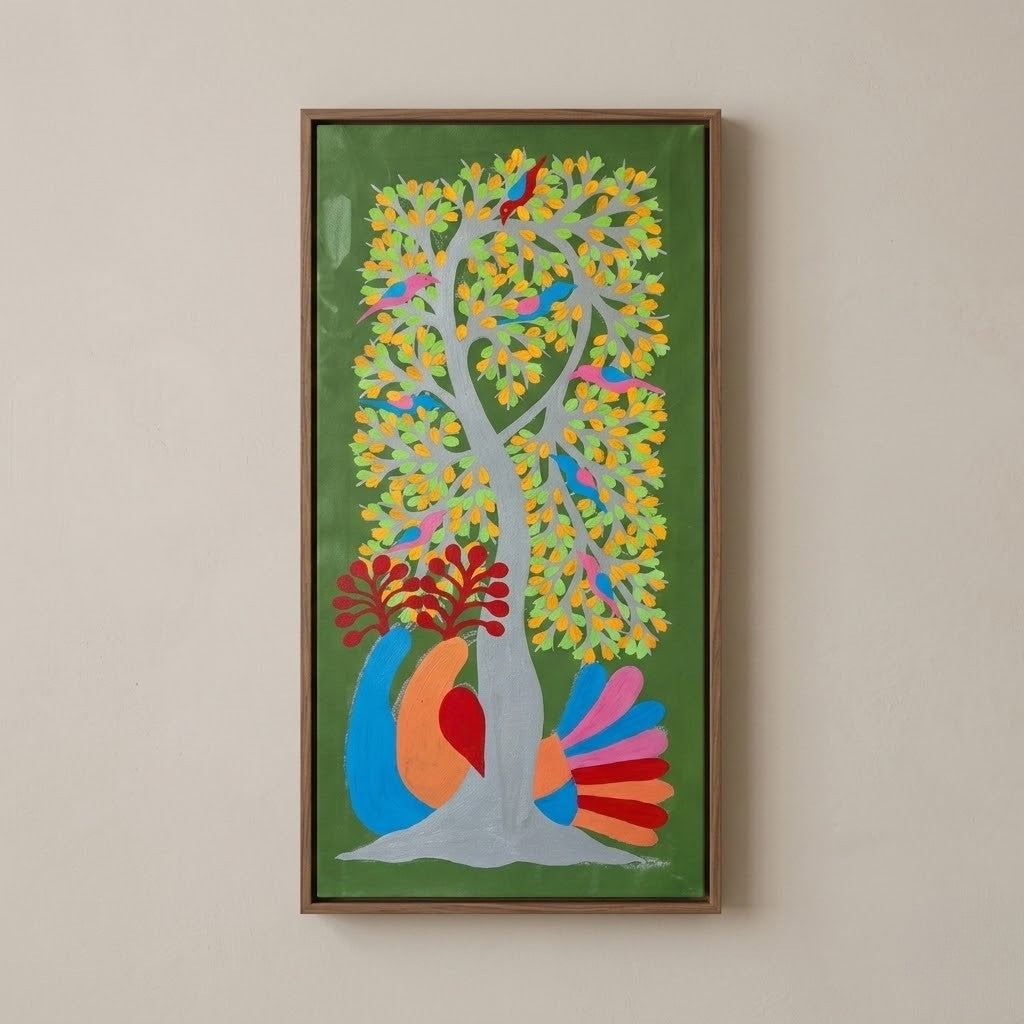 Birds Beneath the Forest Tree — Hand Painted Gond Art from Madhya Pradesh