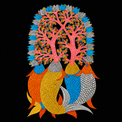 Fish Beneath the Forest Tree — Hand Painted Gond Art from Madhya Pradesh