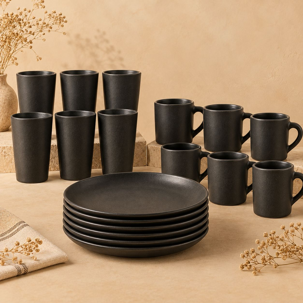 Obsidian Table Set | Plates, Tumblers & Mugs, Black Pottery | Nizamabad, Azamgarh