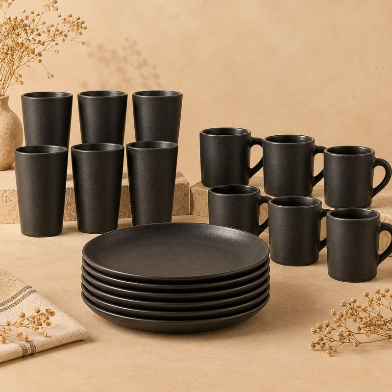 Obsidian Table Set | Plates, Tumblers & Mugs, Black Pottery | Nizamabad, Azamgarh