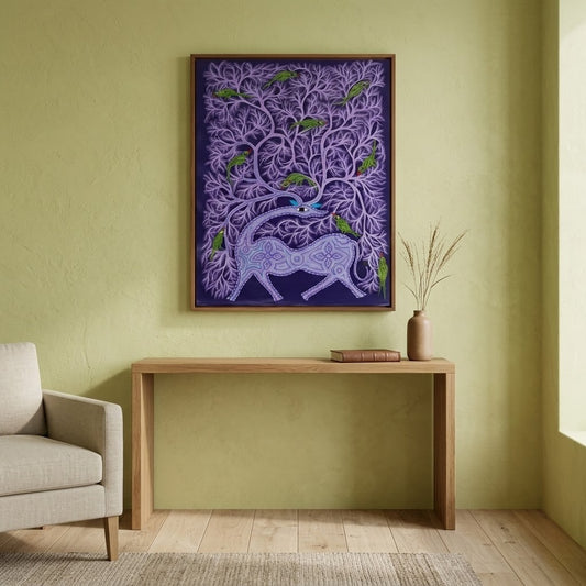 Deer Beneath the Speaking Tree - Hand Painted Pithora art from Chhota Udaipur, Gujarat