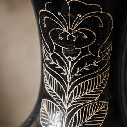 Trumpet Bloom | Flower Vase, Silver Inlay, Black Pottery | Nizamabad, Azamgarh