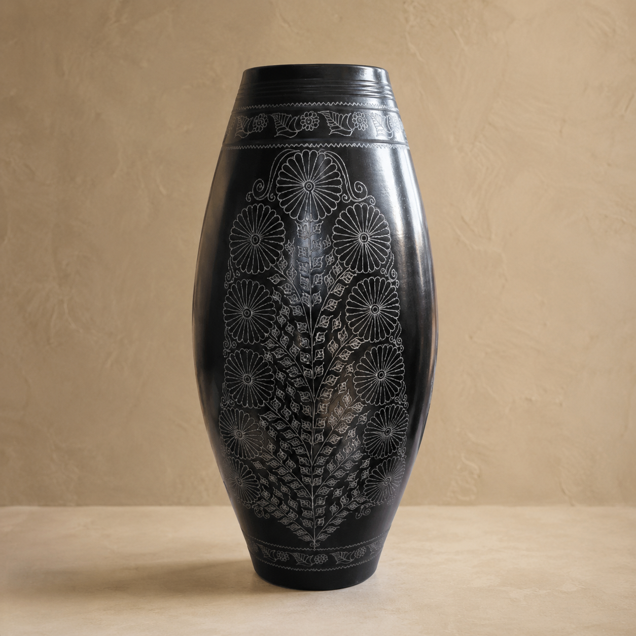 Midnight Garden | Flower Vase, Silver Inlay, Black Pottery | Nizamabad, Azamgarh