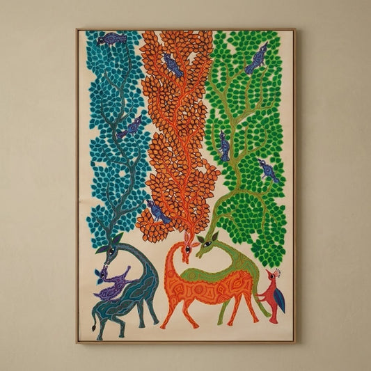 Three Trees of the Forest - Hand Painted Pithora art from Chhota Udaipur, Gujarat