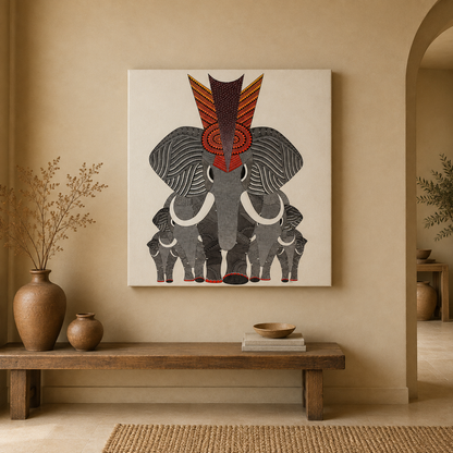 Elephant Family — Hand Painted Gond Art from Madhya Pradesh
