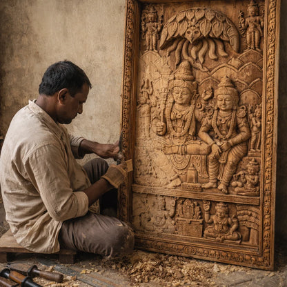 Shiva Parvati Temple Panel - Hand Carved in Poola Wood from Madhavamala, Andhra Pradesh