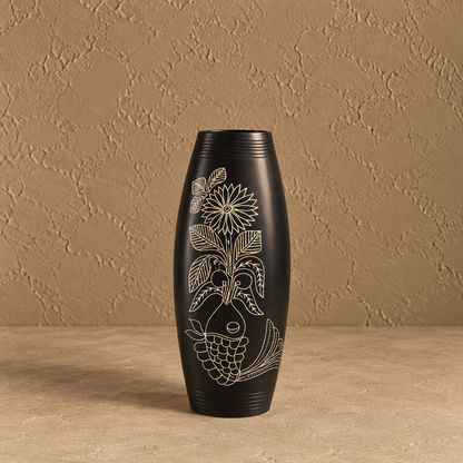 Matsya Bloom | Flower Vase, Silver Inlay, Black Pottery | Nizamabad, Azamgarh