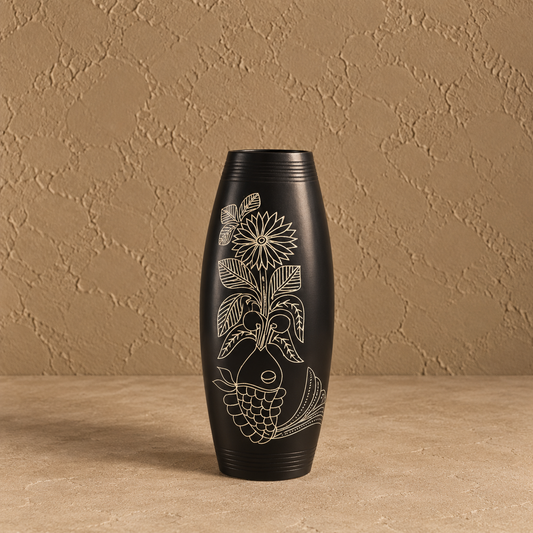 Matsya Bloom | Flower Vase, Silver Inlay, Black Pottery | Nizamabad, Azamgarh