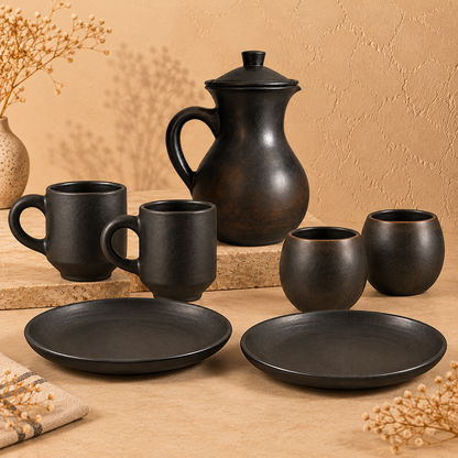 Ritual Table | Teapot, Mugs, Cups & Plates Set, Black Pottery | Nizamabad, Azamgarh