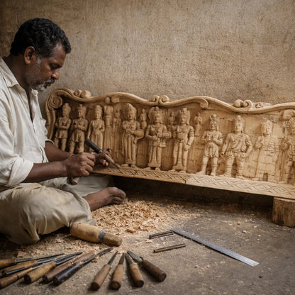 Meenakshi Kalyana Lintel -Hand Carved in Poola Wood from Madhavamala, Andhra Pradesh