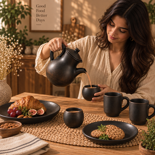 Ritual Table | Teapot, Mugs, Cups & Plates Set, Black Pottery | Nizamabad, Azamgarh