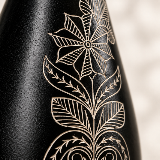 Petal Rhythm | Flower Vase, Floral Silver Inlay, Black Pottery | Nizamabad, Azamgarh
