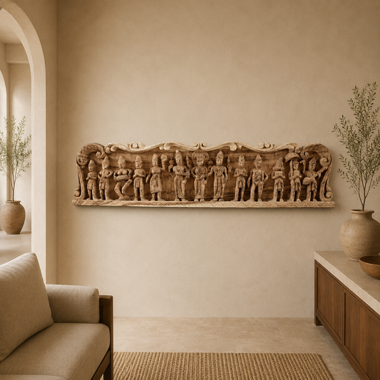 Meenakshi Kalyana Lintel -Hand Carved in Poola Wood from Madhavamala, Andhra Pradesh