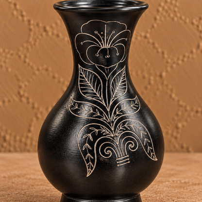 Garden Bloom | Flower Vase, Floral Silver Inlay, Black Pottery | Nizamabad, Azamgarh