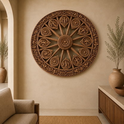 Astalakshmi Wheel Wall Panel in Poola Wood – Hand Carved Temple Sculpture from Madhavamala, Andhra Pradesh