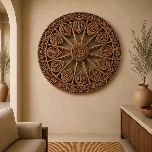 Astalakshmi Wheel Wall Panel in Poola Wood – Hand Carved Temple Sculpture from Madhavamala, Andhra Pradesh