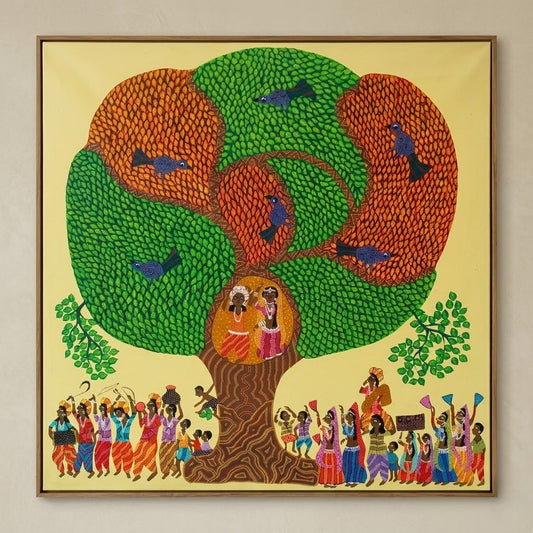 Gathering Beneath the Sacred Tree - Hand Painted Pithora art from Chhota Udaipur, Gujarat