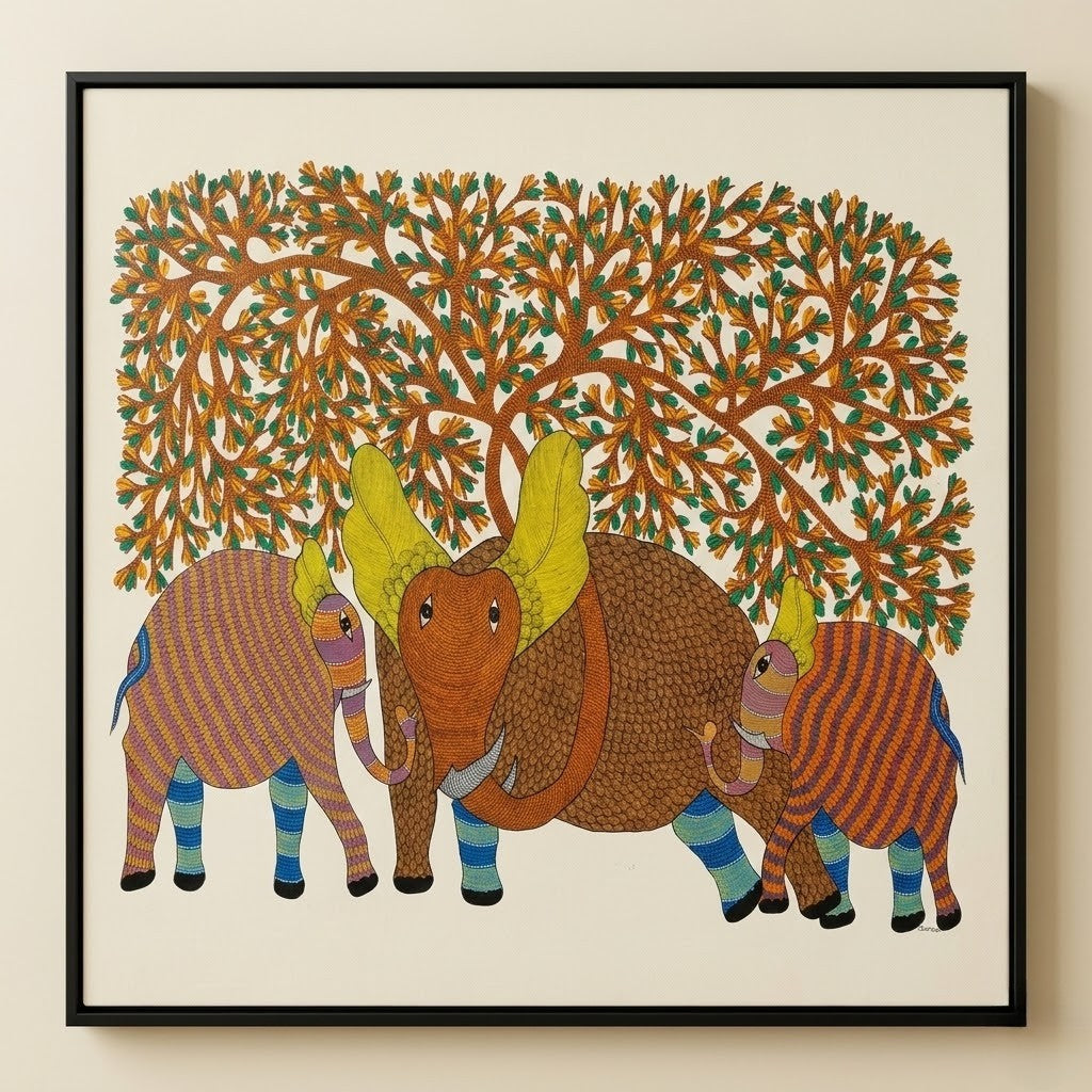 Elephants Beneath the Forest Canopy — Hand Painted Gond Art from Madhya Pradesh