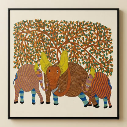 Elephants Beneath the Forest Canopy — Hand Painted Gond Art from Madhya Pradesh