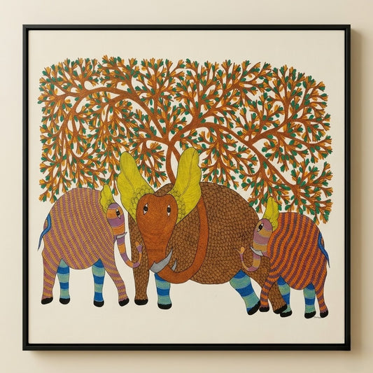 Elephants Beneath the Forest Canopy — Hand Painted Gond Art from Madhya Pradesh