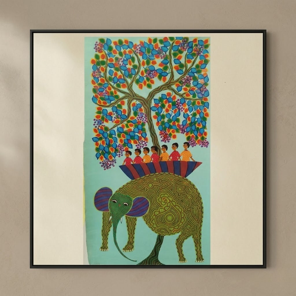 Elephant Carrying the Village - Hand Painted Pithora art from Chhota Udaipur, Gujarat