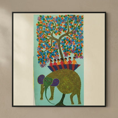 Elephant Carrying the Village - Hand Painted Pithora art from Chhota Udaipur, Gujarat