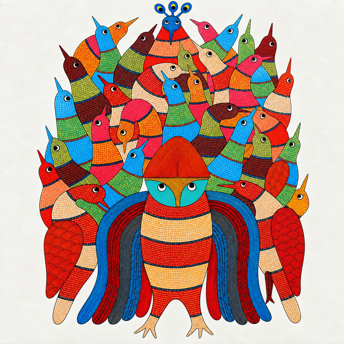 Peacock Flock — Hand Painted Gond Art from Madhya Pradesh
