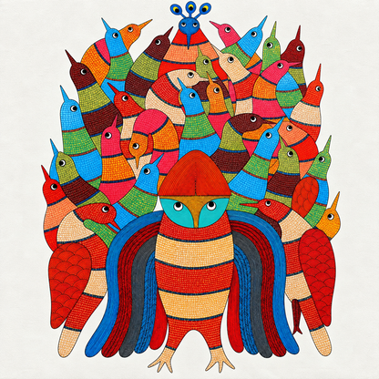 Peacock Flock — Hand Painted Gond Art from Madhya Pradesh
