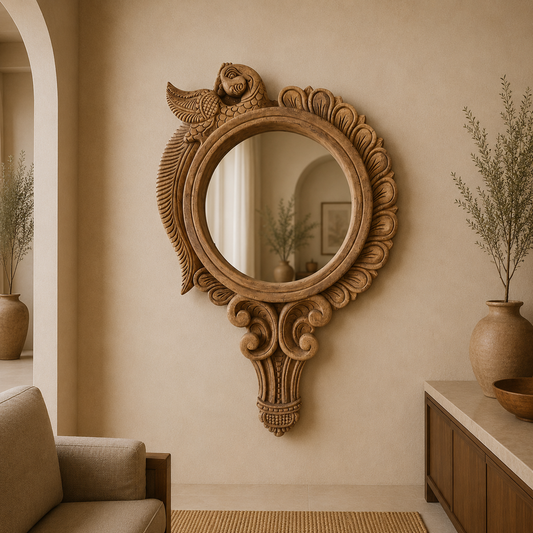 Pratibimba Mandala Wooden Mirror Frame - Hand Carved in Poola Wood - Madhavamala, Andhra Pradesh