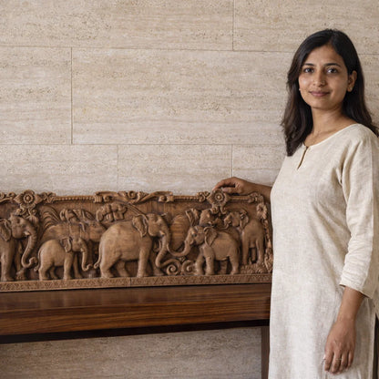 Gaja Yatra Lintel - Hand Carved in Poola Wood from Madhavamala, Andhra Pradesh