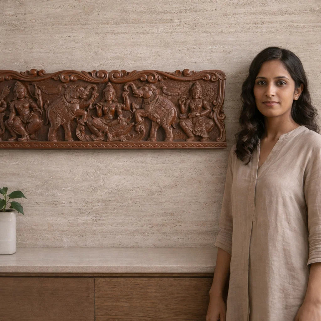 Gajalakshmi Threshold Panel  Rosewood Tone - Hand Carved in Poola Wood from Madhavamala, Andhra Pradesh