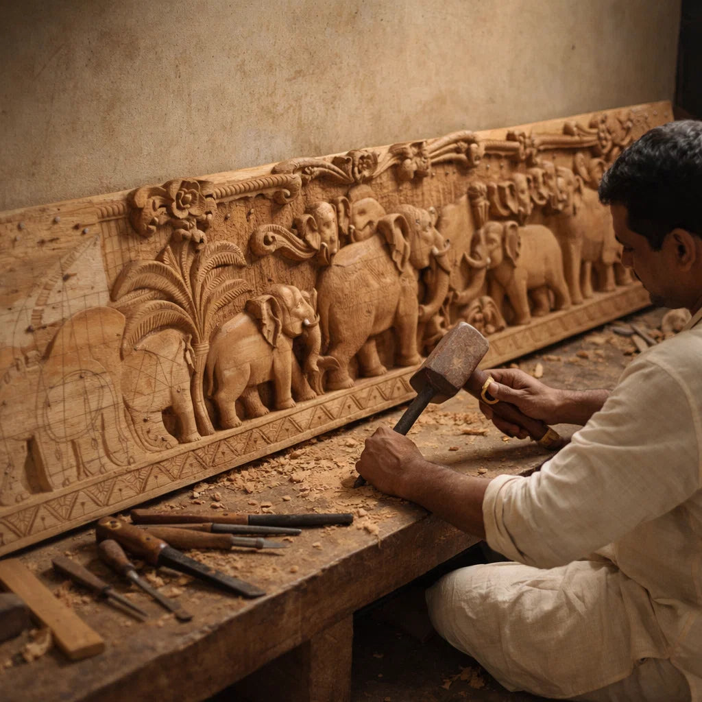 Gaja Yatra Lintel - Hand Carved in Poola Wood from Madhavamala, Andhra Pradesh