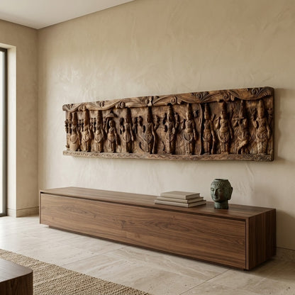 Vaikuntha Assembly Lintel - Hand Carved in Poola Wood from Madhavamala, Andhra Pradesh