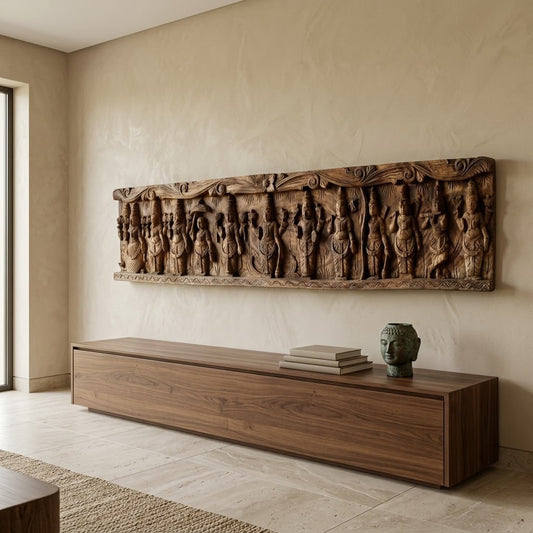 Vaikuntha Assembly Lintel - Hand Carved in Poola Wood from Madhavamala, Andhra Pradesh