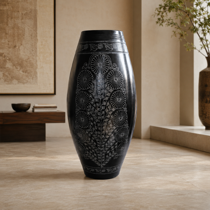Midnight Garden | Flower Vase, Silver Inlay, Black Pottery | Nizamabad, Azamgarh