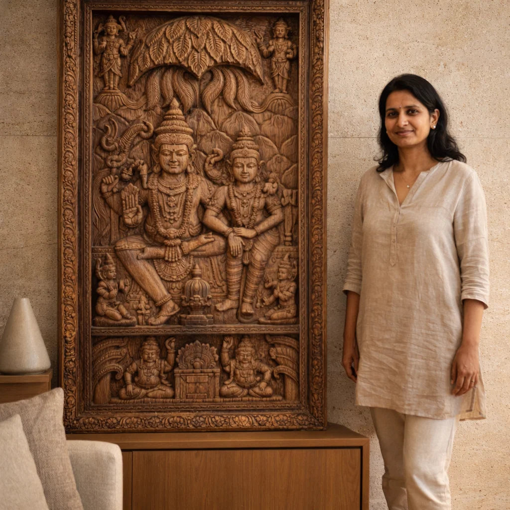 Shiva Parvati Temple Panel - Hand Carved in Poola Wood from Madhavamala, Andhra Pradesh