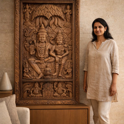 Shiva Parvati Temple Panel - Hand Carved in Poola Wood from Madhavamala, Andhra Pradesh