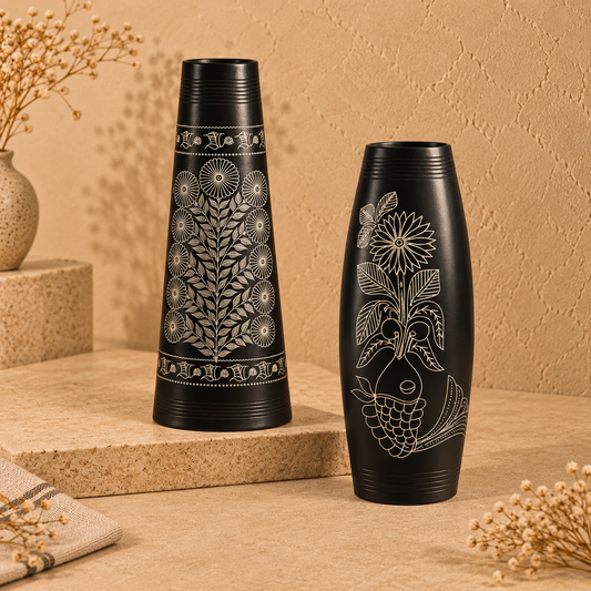 Heritage Bloom | Decorative Vase Set, Black Pottery | Nizamabad, Azamgarh