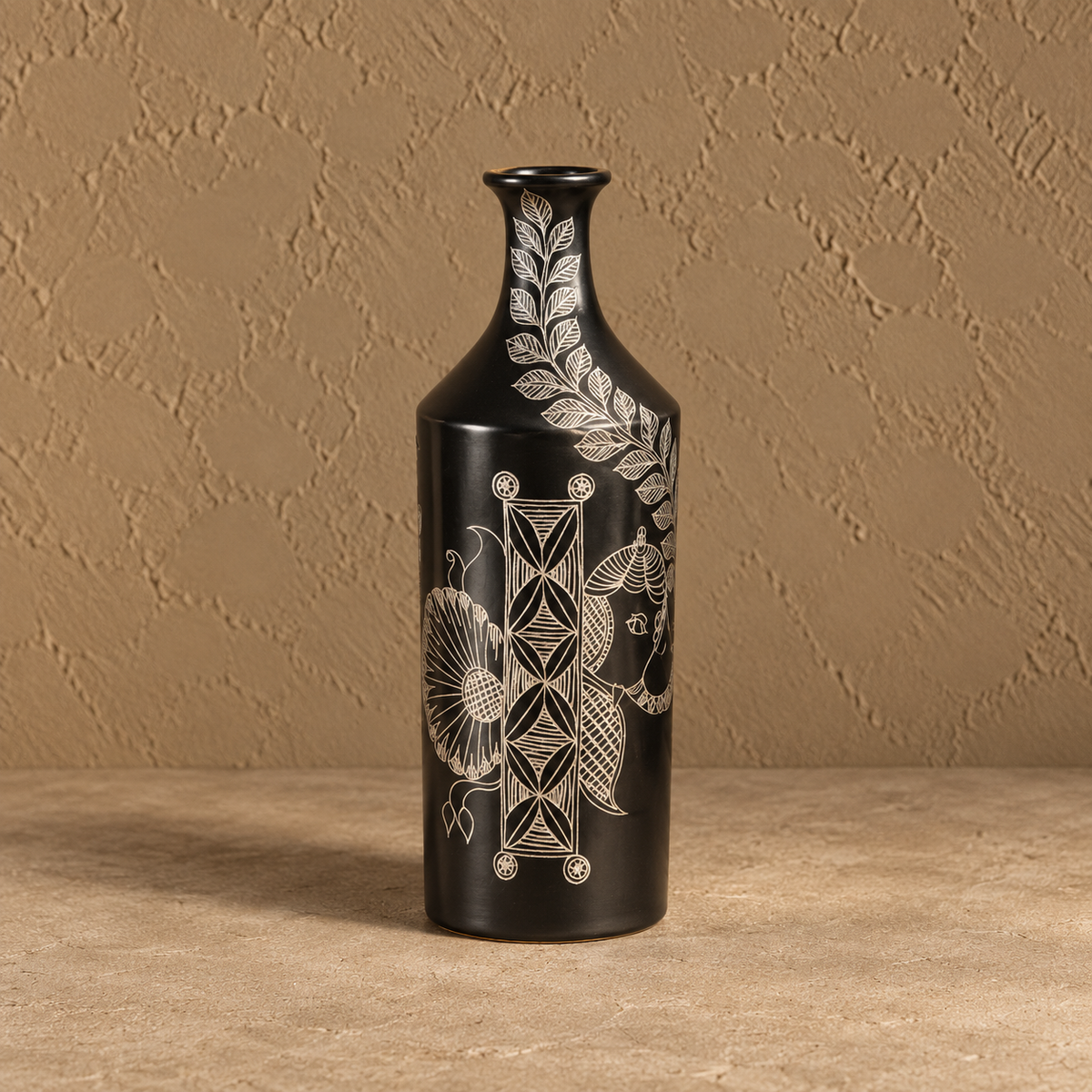 Vanya | Botanical & Geometric Decorative Vase, Black Pottery | Nizamabad, Azamgarh