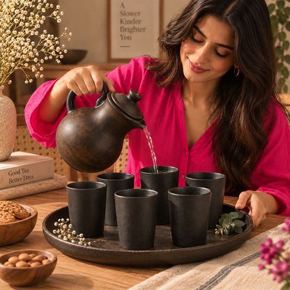 Sable Serve | Teapot & Tumbler Set, Black Pottery | Nizamabad, Azamgarh