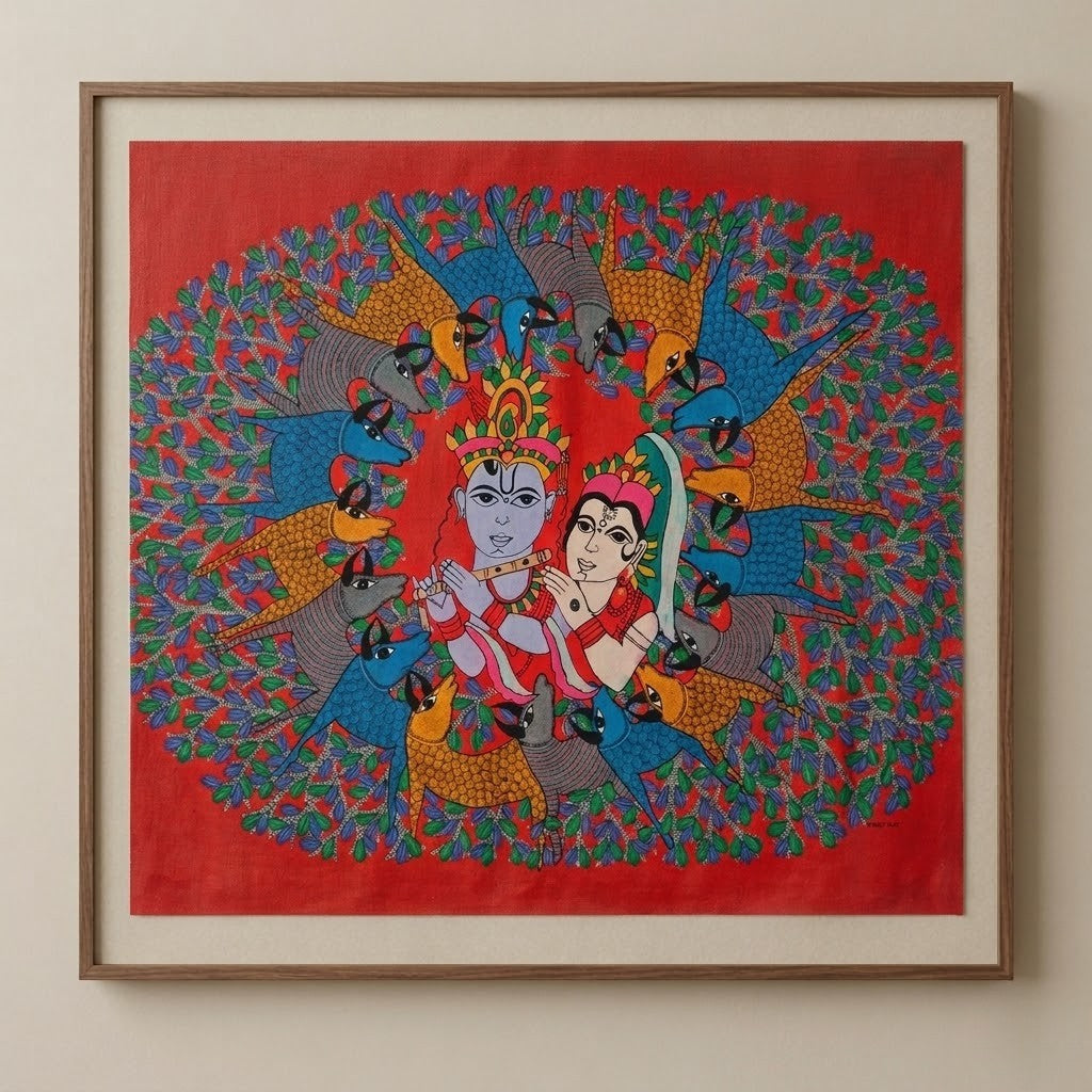 Radha Krishna with Forest Birds — Hand Painted Gond Art from Madhya Pradesh
