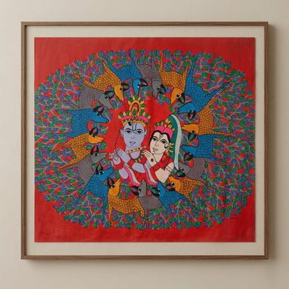 Radha Krishna with Forest Birds — Hand Painted Gond Art from Madhya Pradesh