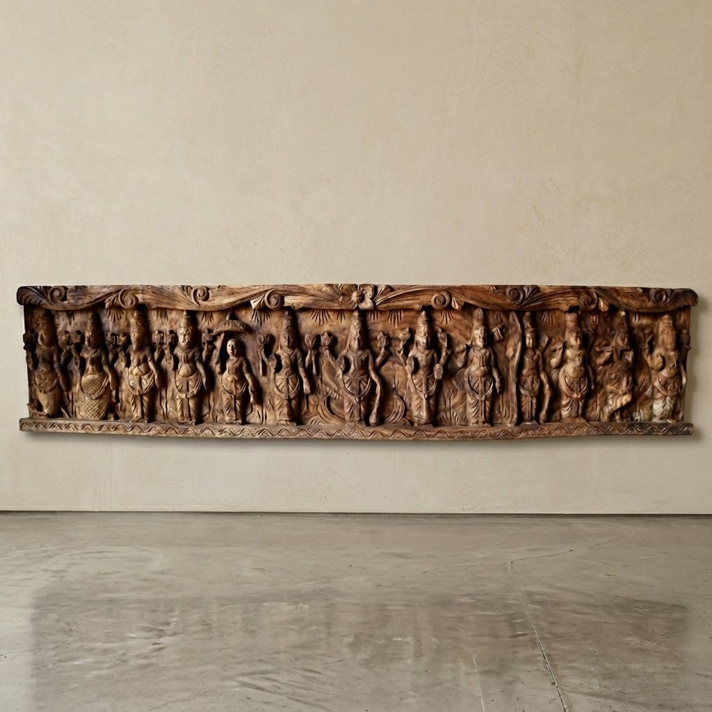 Vaikuntha Assembly Lintel - Hand Carved in Poola Wood from Madhavamala, Andhra Pradesh